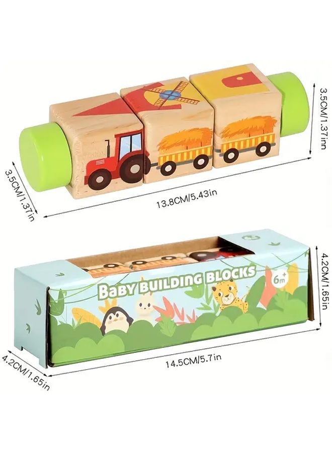 مكعبات ألغاز خشبية دوارة للأطفال بتصاميم شخصيات حيوانات وخضروات، ألعاب بناء تعليمية - Image 3