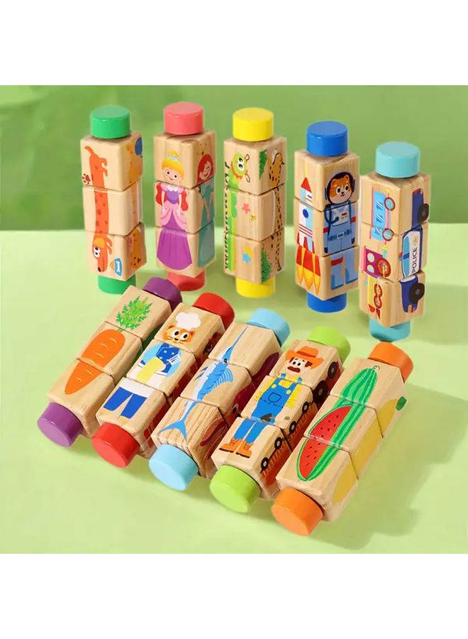 مكعبات ألغاز خشبية دوارة للأطفال بتصاميم شخصيات حيوانات وخضروات، ألعاب بناء تعليمية - Image 2