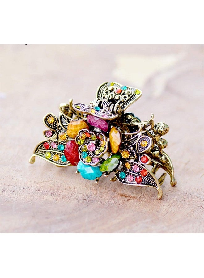 Fodattm Women Lady Retro Rose Flower Imitation Turquoise Hair Claw Clip Vintage Alloy Rhinestone Non-Slip Hair Jaw Clips Hairpin Hair Clamp (Colourful) - Image 2