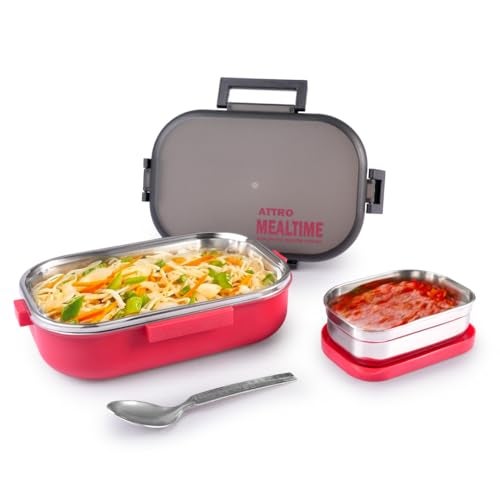 Attro Meal Time Stainless Steel Insulated Lunch Box with Small Container Airtight Leak-Proof Perfect for Office, School, Picnic, 800 ml - Red - Image 1