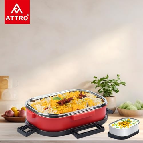 Attro Meal Time Stainless Steel Insulated Lunch Box with Small Container Airtight Leak-Proof Perfect for Office, School, Picnic, 800 ml - Red - Image 2