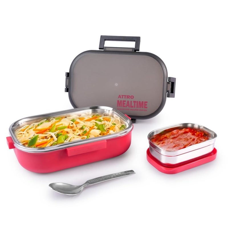 Attro Meal Time Stainless Steel Insulated Lunch Box with Small Container Airtight Leak-Proof Perfect for Office, School, Picnic, 800 ml - Red - Image 4