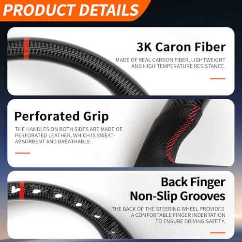 JIANGGAI D-shaped Perforated Leather Grip Steering Wheel, Real Carbon Fiber Steering Wheel With Trim Fit For Ford F150 2009-2014 - Image 3