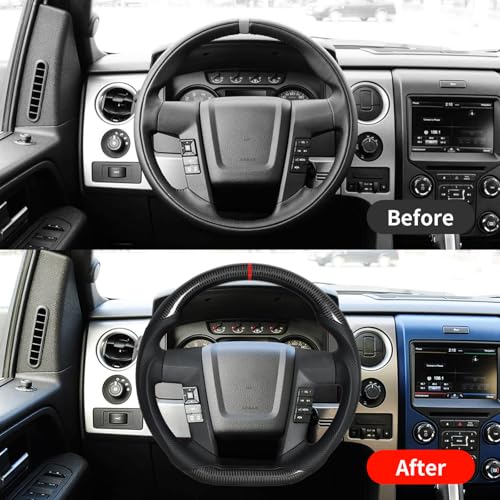 JIANGGAI D-shaped Perforated Leather Grip Steering Wheel, Real Carbon Fiber Steering Wheel With Trim Fit For Ford F150 2009-2014 - Image 5