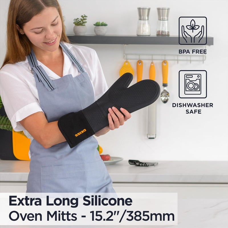 Deiss PRO Heat and Stain Resistant Silicone Oven Mitts Set  Soft Cotton Lining BBQ Gloves  Waterproof  Extra Long Flexible Thick Kitchen Mitts for Cooking  Non-Slip Grip Oven Gloves - Image 5