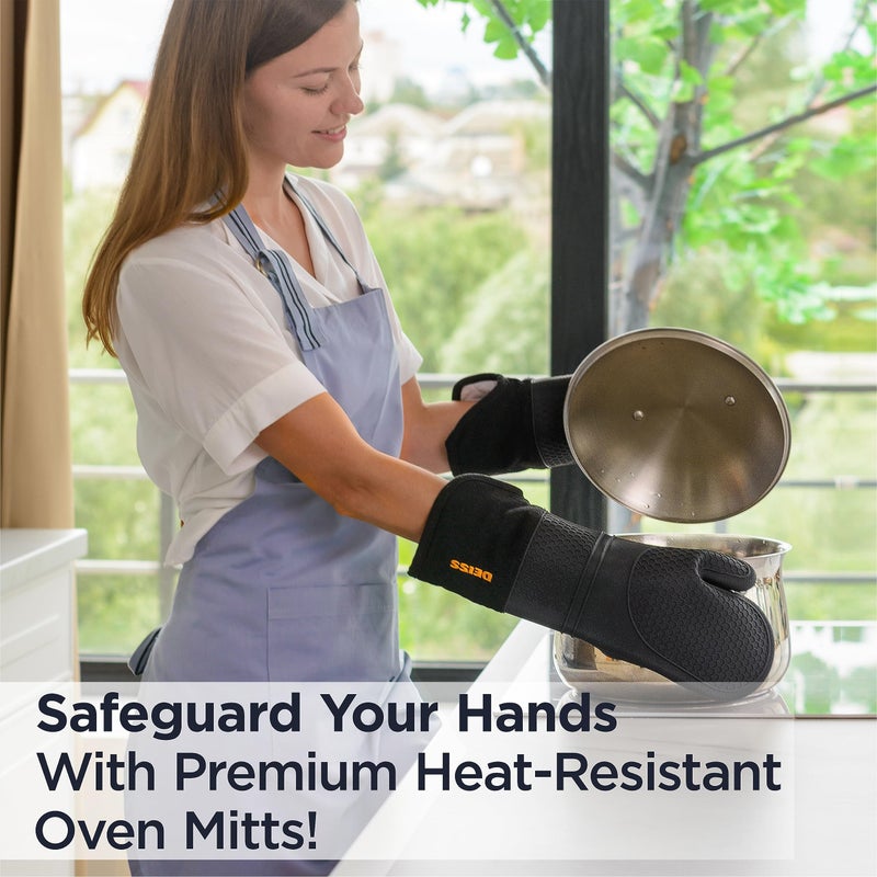 Deiss PRO Heat and Stain Resistant Silicone Oven Mitts Set  Soft Cotton Lining BBQ Gloves  Waterproof  Extra Long Flexible Thick Kitchen Mitts for Cooking  Non-Slip Grip Oven Gloves - Image 2