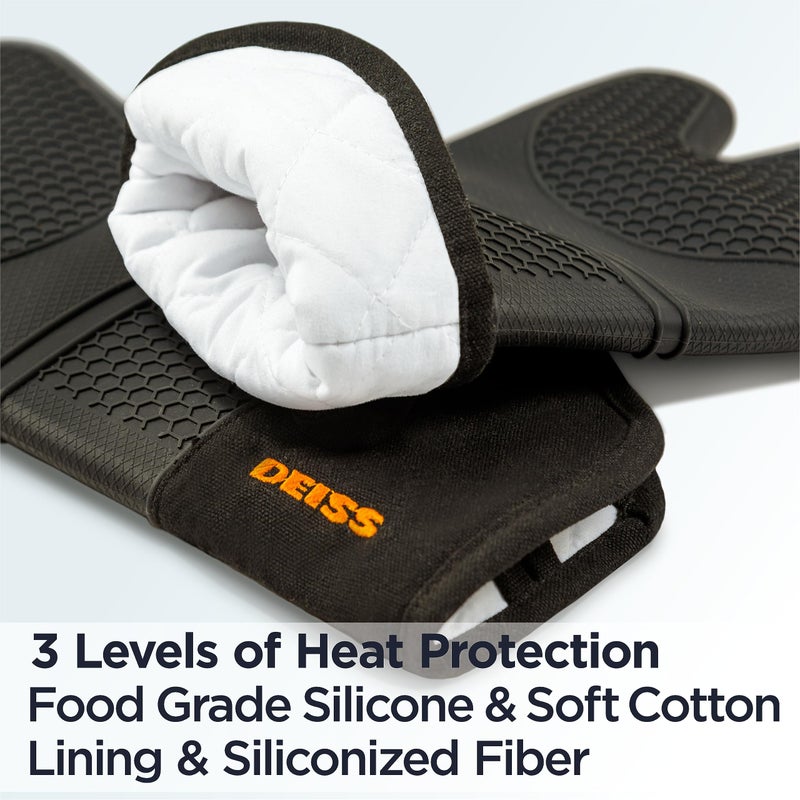 Deiss PRO Heat and Stain Resistant Silicone Oven Mitts Set  Soft Cotton Lining BBQ Gloves  Waterproof  Extra Long Flexible Thick Kitchen Mitts for Cooking  Non-Slip Grip Oven Gloves - Image 3