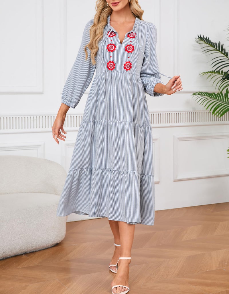 YEXPINE Womenâ€™s Striped Maxi Dresses Casual Tie Neck Floral Embroidery Flowy Tiered Boho Long Beach Dresses with Pockets Blue - Image 2