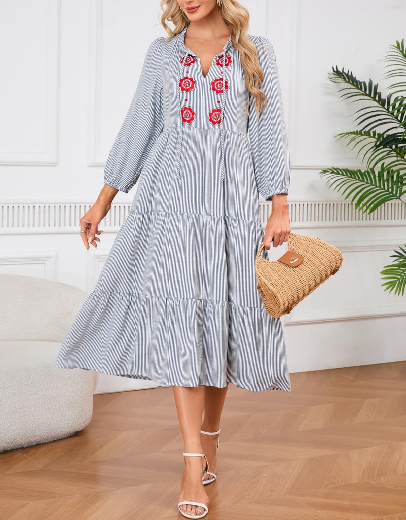 YEXPINE Womenâ€™s Striped Maxi Dresses Casual Tie Neck Floral Embroidery Flowy Tiered Boho Long Beach Dresses with Pockets Blue - Image 3