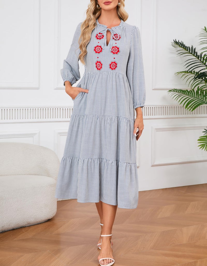 YEXPINE Womenâ€™s Striped Maxi Dresses Casual Tie Neck Floral Embroidery Flowy Tiered Boho Long Beach Dresses with Pockets Blue - Image 5