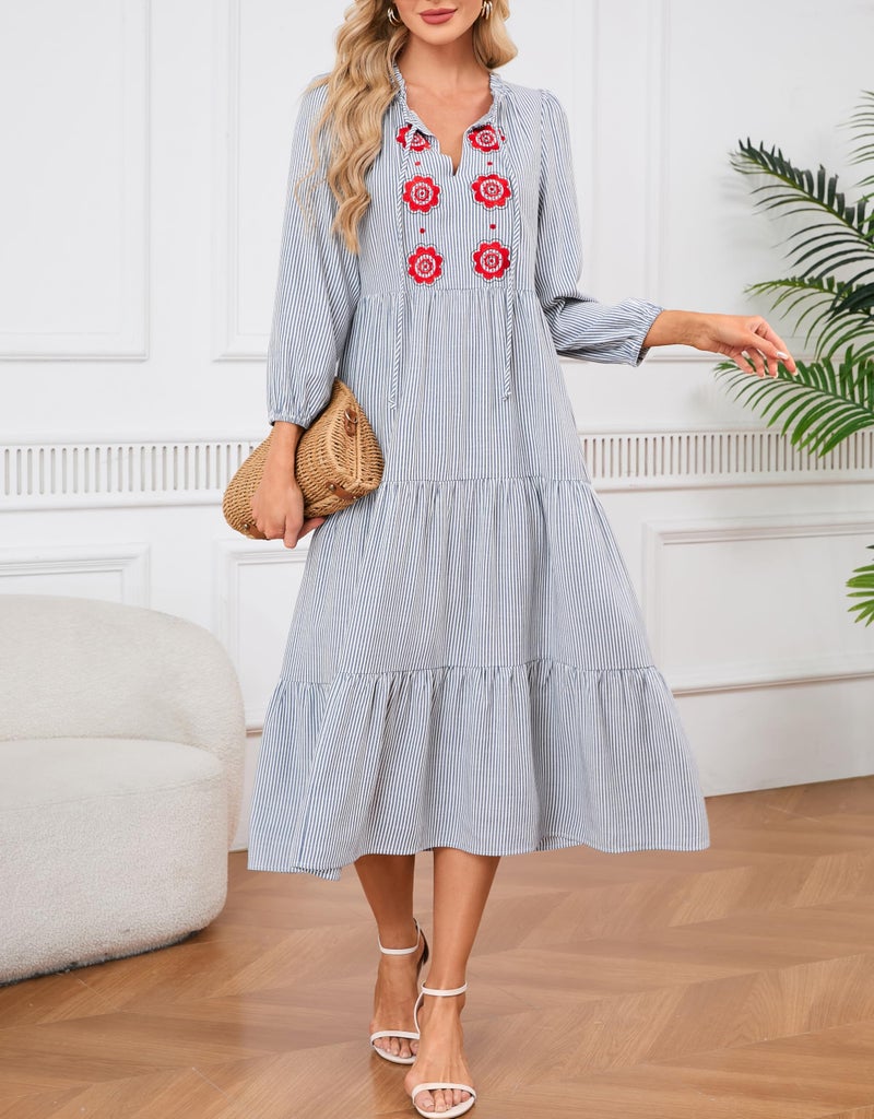 YEXPINE Womenâ€™s Striped Maxi Dresses Casual Tie Neck Floral Embroidery Flowy Tiered Boho Long Beach Dresses with Pockets Blue - Image 4