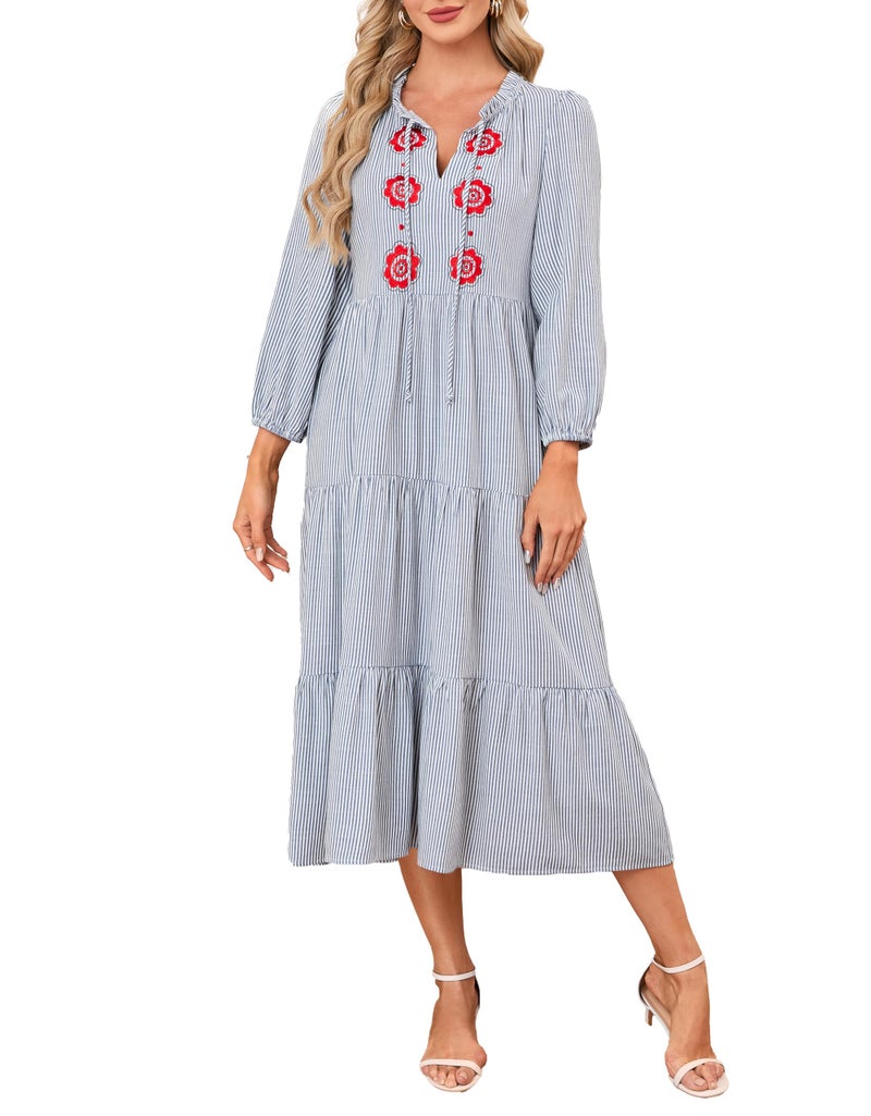 YEXPINE Womenâ€™s Striped Maxi Dresses Casual Tie Neck Floral Embroidery Flowy Tiered Boho Long Beach Dresses with Pockets Blue - Image 1