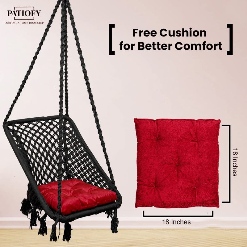 Patiofy Rectangle Shape Swing Chair with Back SupportCotton Swing for Adults KidsWooden Swing for Balcony Home Garden IndoorHammock Hanging Swingincludes Red Square CushionBlack - Image 3
