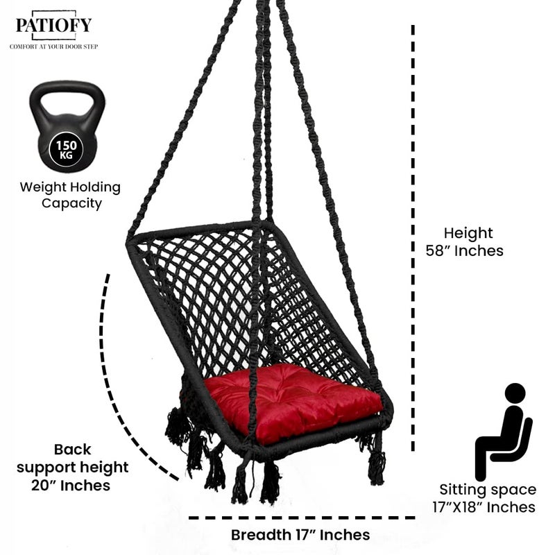 Patiofy Rectangle Shape Swing Chair with Back SupportCotton Swing for Adults KidsWooden Swing for Balcony Home Garden IndoorHammock Hanging Swingincludes Red Square CushionBlack - Image 4