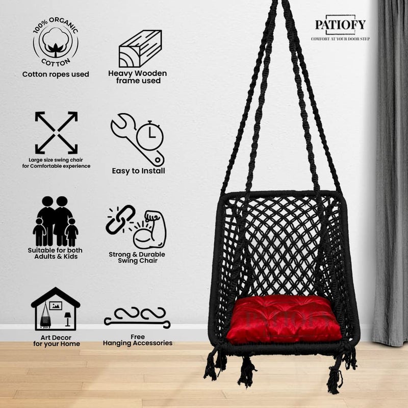 Patiofy Rectangle Shape Swing Chair with Back SupportCotton Swing for Adults KidsWooden Swing for Balcony Home Garden IndoorHammock Hanging Swingincludes Red Square CushionBlack - Image 5