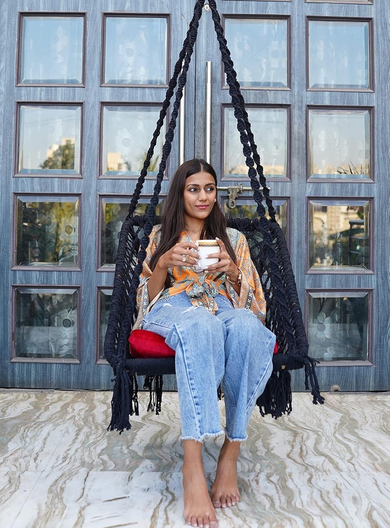 Patiofy Rectangle Shape Swing Chair with Back SupportCotton Swing for Adults KidsWooden Swing for Balcony Home Garden IndoorHammock Hanging Swingincludes Red Square CushionBlack - Image 1