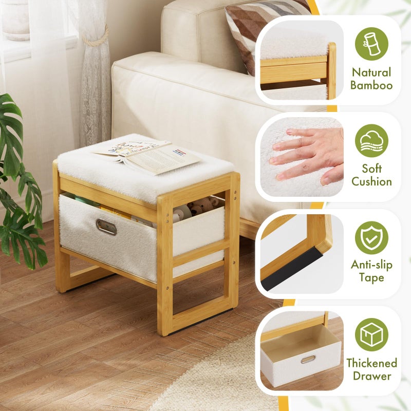 Atoping Storage Ottoman, Bamboo Footstool with Drawer, 3-in-1 Soft Ottoman with Storage, Multifunctional Footrest, Seat & Organizer for Living Room, Bedroom, Entryway Gift Set for Family - Image 4
