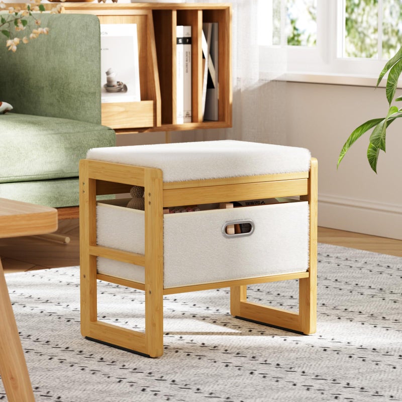 Atoping Storage Ottoman, Bamboo Footstool with Drawer, 3-in-1 Soft Ottoman with Storage, Multifunctional Footrest, Seat & Organizer for Living Room, Bedroom, Entryway Gift Set for Family - Image 1