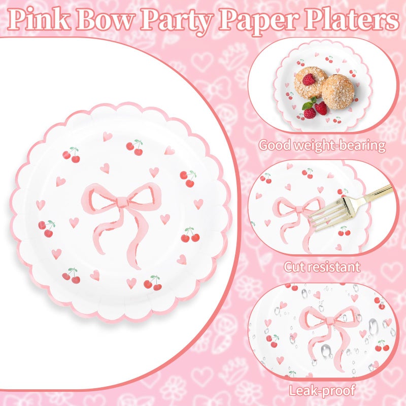 Whaline 40Pcs Pink Bow Paper Plates 9 Inch Scalloped Bowknot Cherry Plates Bow Heart Disposable Dessert Cake Plate For Bachelorette Bridal Engagement Wedding Birthday Baby Shower Party Supplies - Image 3