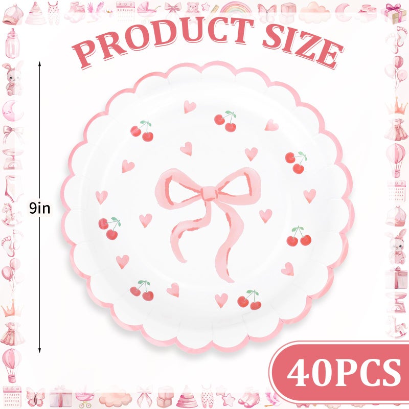 Whaline 40Pcs Pink Bow Paper Plates 9 Inch Scalloped Bowknot Cherry Plates Bow Heart Disposable Dessert Cake Plate For Bachelorette Bridal Engagement Wedding Birthday Baby Shower Party Supplies - Image 2