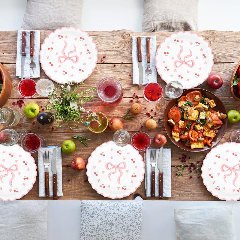 Whaline 40Pcs Pink Bow Paper Plates 9 Inch Scalloped Bowknot Cherry Plates Bow Heart Disposable Dessert Cake Plate For Bachelorette Bridal Engagement Wedding Birthday Baby Shower Party Supplies - Image 4