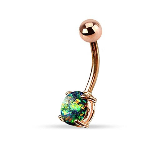 FIFTH CUE 14G Opal Glitter Prong Set Rose Gold IP Over 316L Surgical Steel Belly Button Ring (Dark Green) - Image 2