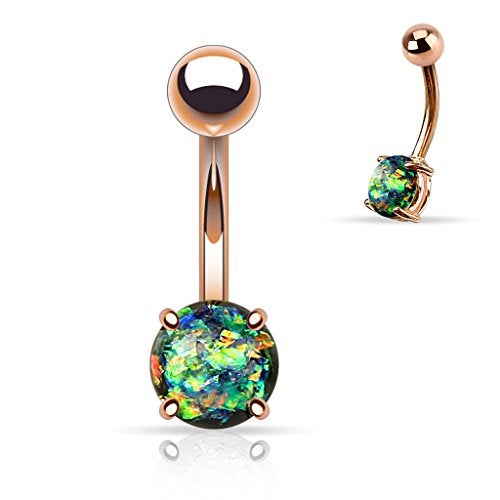 FIFTH CUE 14G Opal Glitter Prong Set Rose Gold IP Over 316L Surgical Steel Belly Button Ring (Dark Green) - Image 3