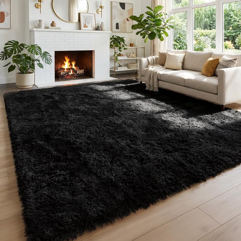 Amdrebio Black Area Rugs for Bedroom, 5x8, Large Fluffy Rug for Living Room Decor, Modern Cool Rugs for Kids, Boys, Men, Furry Shaggy Carpets for Classroom, Fuzzy Plush Gothic Carpet for Home Office - Image 1