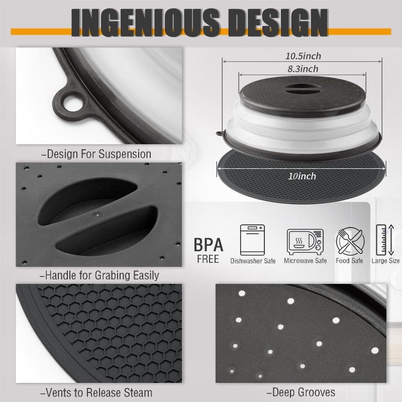 Magjiuke Microwave Food Cover & Mat Vented Collapsible Splatter Guard Dish Plate Lid & Silicone Round Kitchen Mat Heat Resistant Multi-Purpose Non-Slip Trivet Drying Mat Home Apartment Essential - Image 2
