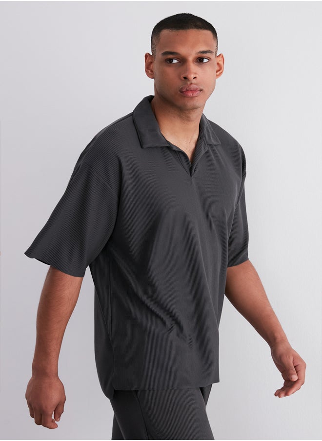 trendyol Limited Edition Smoke Oversize/Wide Textured Wrinkle-Free Ottoman Polo Neck T-Shirt TMNSS23PO00020  - Image 2