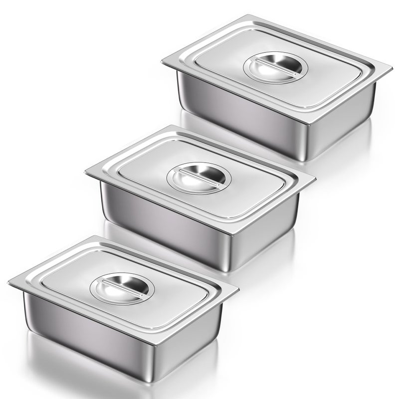 WantJoin Steam Table Hotel Pans with Lid 12 Half Size 4 Inch Deep 3 Pack Stainless Steel Metal Tray Sets Food Storage Container Restaurant Chafing Dishes Commercial Buffet Warmer Catering Supplies