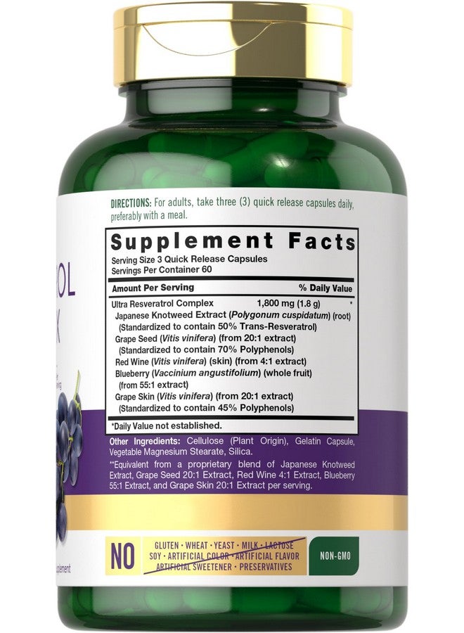 مكمل كارلايل ريسفيراترول ١٨٠٠ ملغ | ١٨٠ كبسولة | غير معدل وراثيًا وخالٍ من الغلوتين | مركب فعال - Image 2