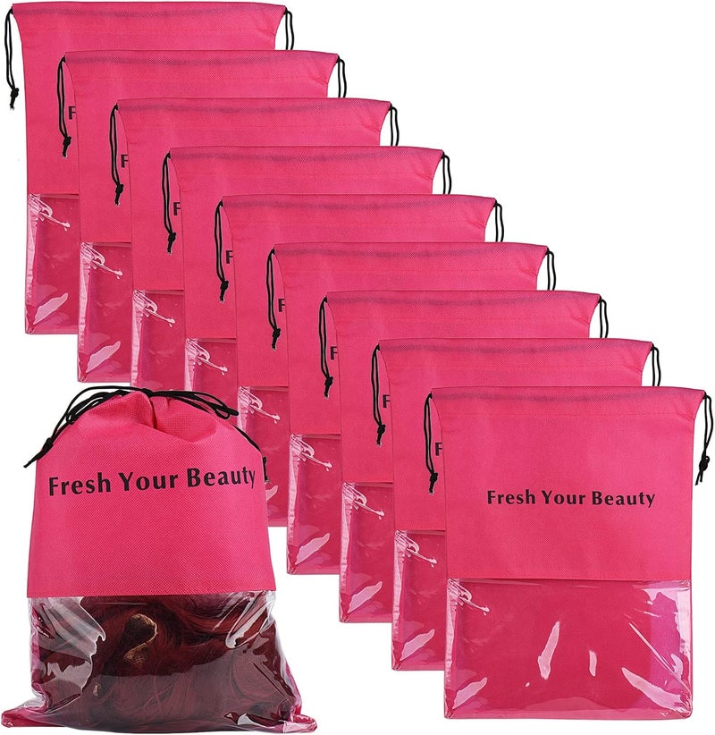 Sanmum 10 Packs Wig Storage Bags with Drawstring Hair Extensions Holder Hairpieces Carrier Organizer Dustproof Protector Pouch for Travel Daily Use (Small,Rose red)