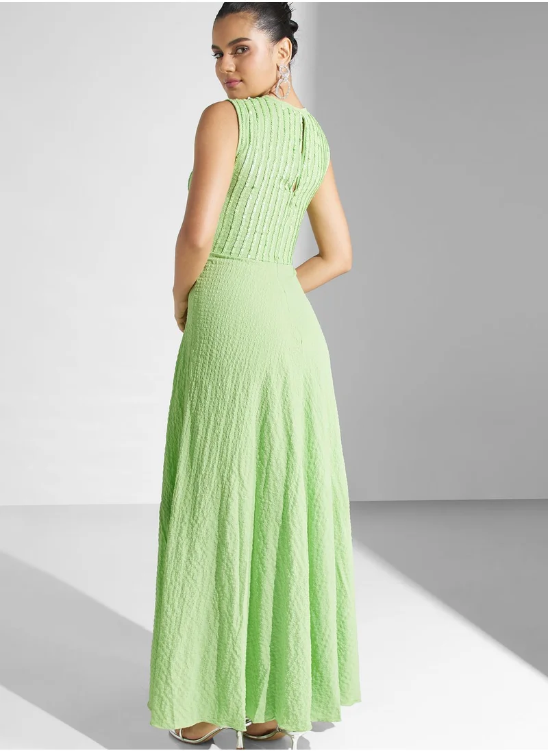 Lace and Beads Embroidered Mesh Tiered Dress
