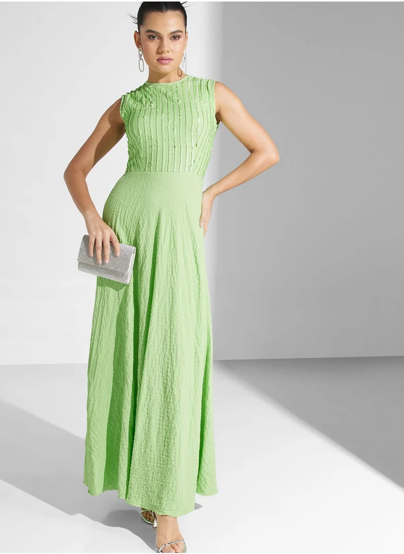 Lace and Beads Embroidered Mesh Tiered Dress