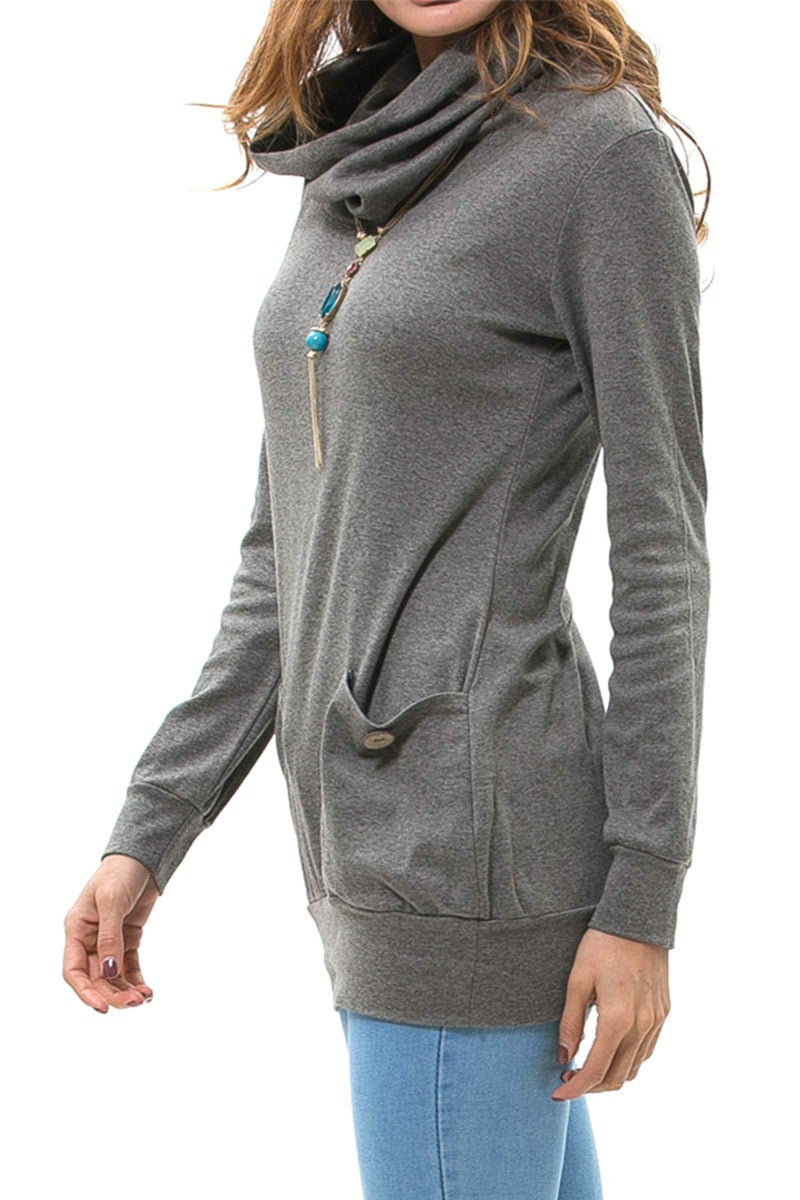 levaca Womens Tops Button Cowl Neck Casual Slim Tunic Shirts Deep Gray M - Image 2