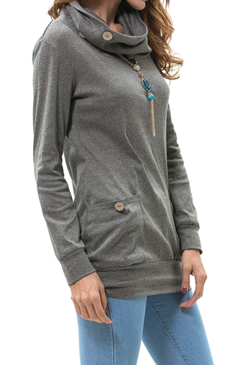 levaca Womens Tops Button Cowl Neck Casual Slim Tunic Shirts Deep Gray M - Image 3