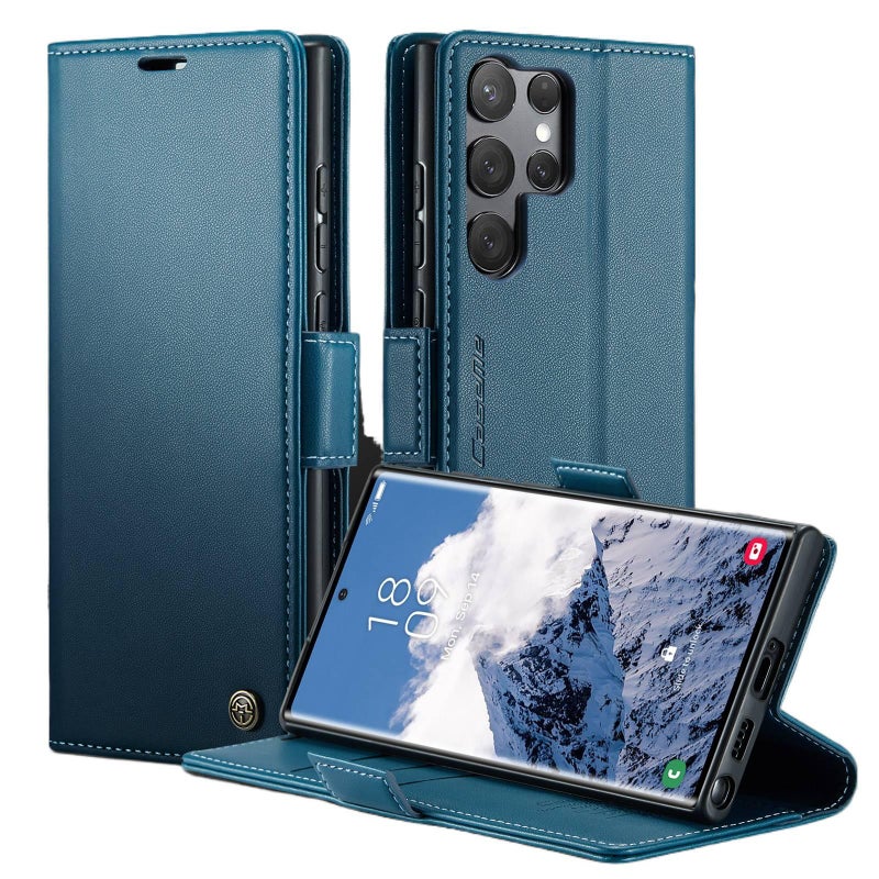 غطاء واقي بملمس جلد لـ Samsung Galaxy S22 Ultra مع حامل بطاقات وحامل قابل للطي مع مقاوم للصدمات مع مقاومة السقوط باللون بنفسجي بوظيفة حامل سهل التخزين عملي للاستخدام المتكرر - Image 4