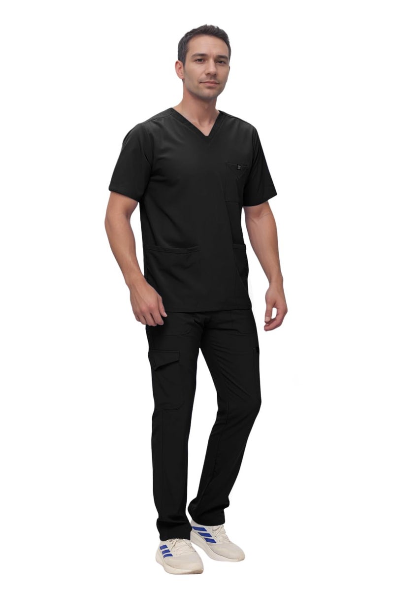 Monarch Uniforms Men's Scrub Set V-Neck Scrub Sets with Nine Large Pockets(Black,Large) - Image 2