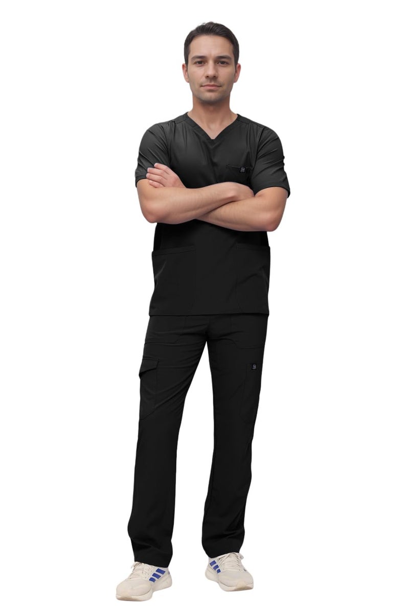 Monarch Uniforms Men's Scrub Set V-Neck Scrub Sets with Nine Large Pockets(Black,Large) - Image 1