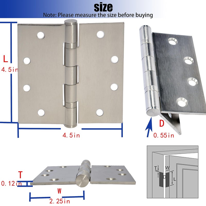 BENERAY 6-Pack 4.5 Inch X 4.5 Inch Silver Heavy Duty Commercial Door Hinge With Silent Steel Plain Ball Bearing Thickness 3 Mm Stainless Steel  Square Corners With 48 Screws  Super Bearing Capacity - Image 2