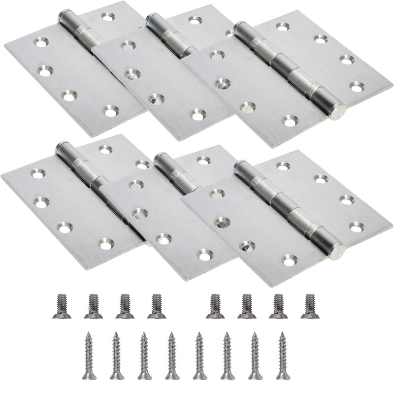 BENERAY 6-Pack 4.5 Inch X 4.5 Inch Silver Heavy Duty Commercial Door Hinge With Silent Steel Plain Ball Bearing Thickness 3 Mm Stainless Steel  Square Corners With 48 Screws  Super Bearing Capacity - Image 1