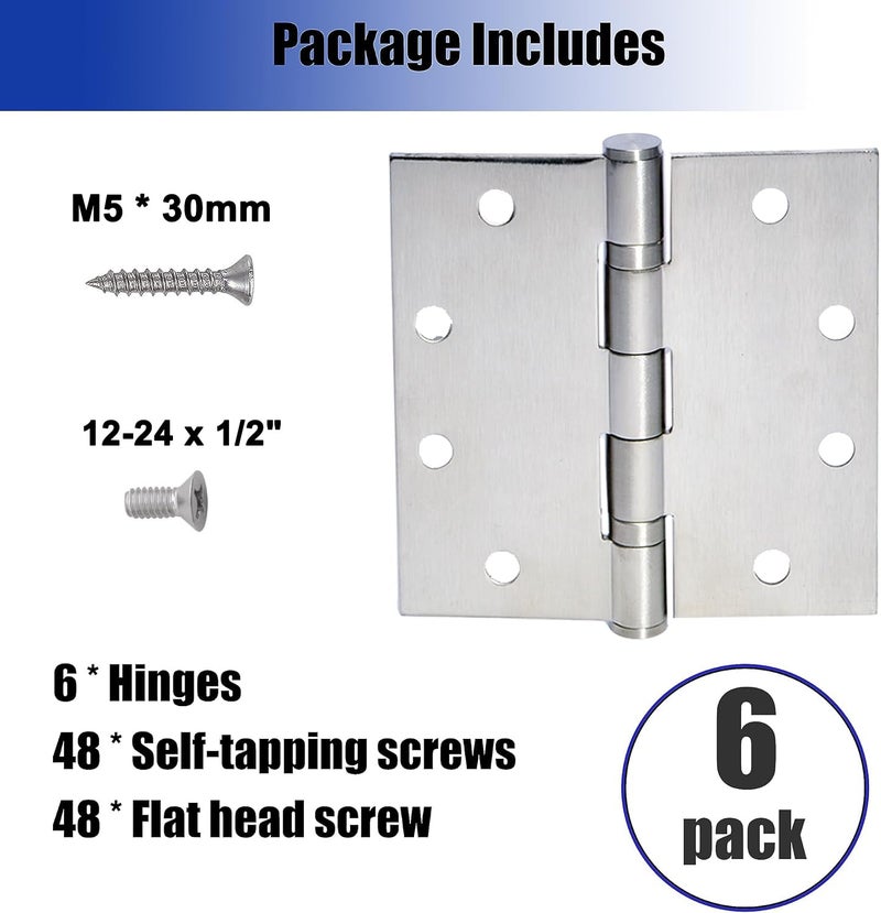 BENERAY 6-Pack 4.5 Inch X 4.5 Inch Silver Heavy Duty Commercial Door Hinge With Silent Steel Plain Ball Bearing Thickness 3 Mm Stainless Steel  Square Corners With 48 Screws  Super Bearing Capacity - Image 4