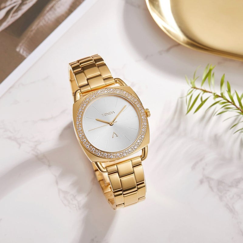 ترندا ساعة نسائية TRNDA بهيكل من الفولاذ المقاوم للصدأ باللون الذهبي وسوار من الفولاذ المقاوم للصدأ باللون الذهبي. - Image 5