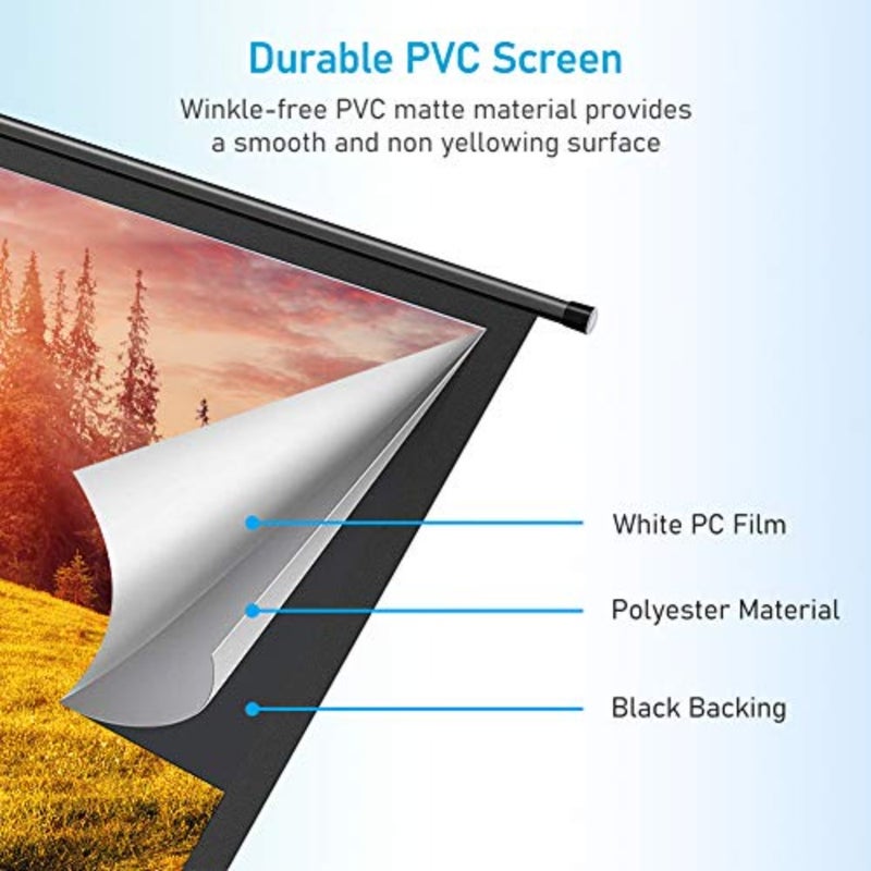 100 inch 16:9 manual pull down projector screen, retractable auto-locking for indoor home theater cinema, school office presentation, wall/ceiling mounted, white matte PVC, smooth surface - Image 3