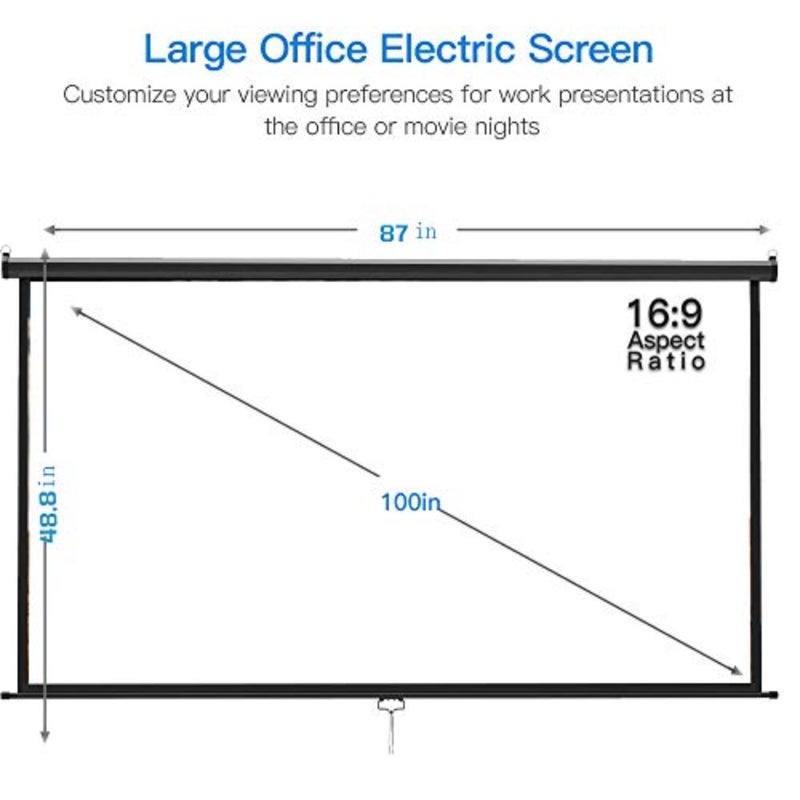 100 inch 16:9 manual pull down projector screen, retractable auto-locking for indoor home theater cinema, school office presentation, wall/ceiling mounted, white matte PVC, smooth surface - Image 2
