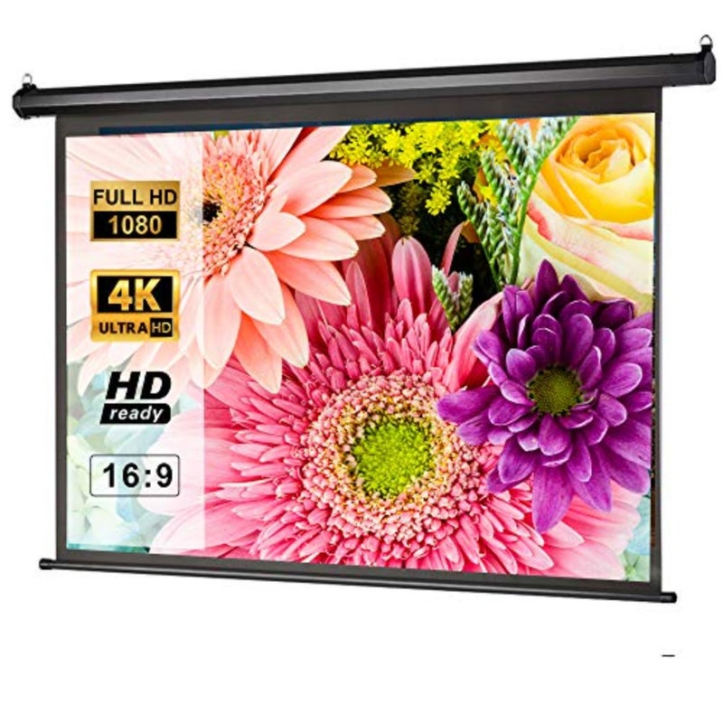 100 inch 16:9 manual pull down projector screen, retractable auto-locking for indoor home theater cinema, school office presentation, wall/ceiling mounted, white matte PVC, smooth surface - Image 1
