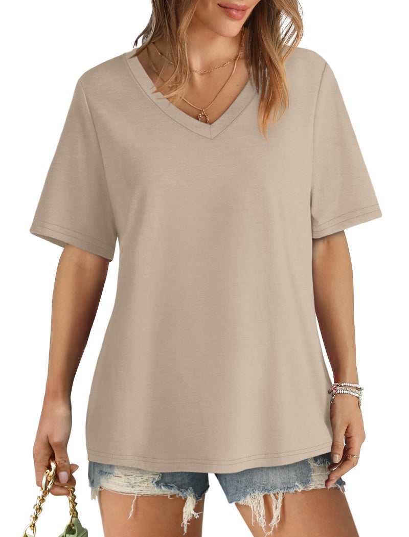Aokosor Short Sleeve Shirts for Women V Neck Short Sleeve Tshirts Basic Tee Tops Beige Apricot - Image 2