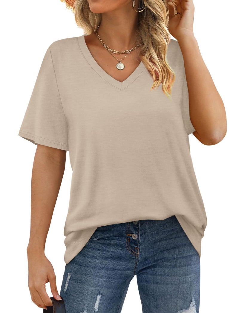 Aokosor Short Sleeve Shirts for Women V Neck Short Sleeve Tshirts Basic Tee Tops Beige Apricot - Image 3