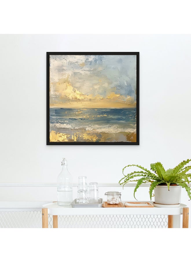 Art Decor - Art Decor Framed Canvas Wall Art of Abstract Beach Painting Square Blue and Gold Seascape Print Wall Decor for Home Office Living Room Bedroom Gifting - Image 1